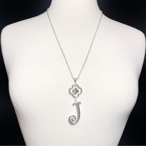 Initial J Monogram Letter Quatrefoil Silver & Gold Tone Long Necklace
